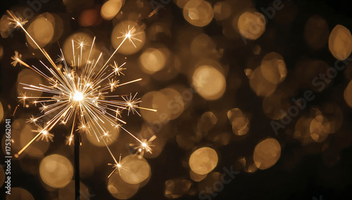 Close-up of lit sparkler with bokeh lights in background; empty area on right for text; golden spark textures; photorealistic horizontal 16:9.