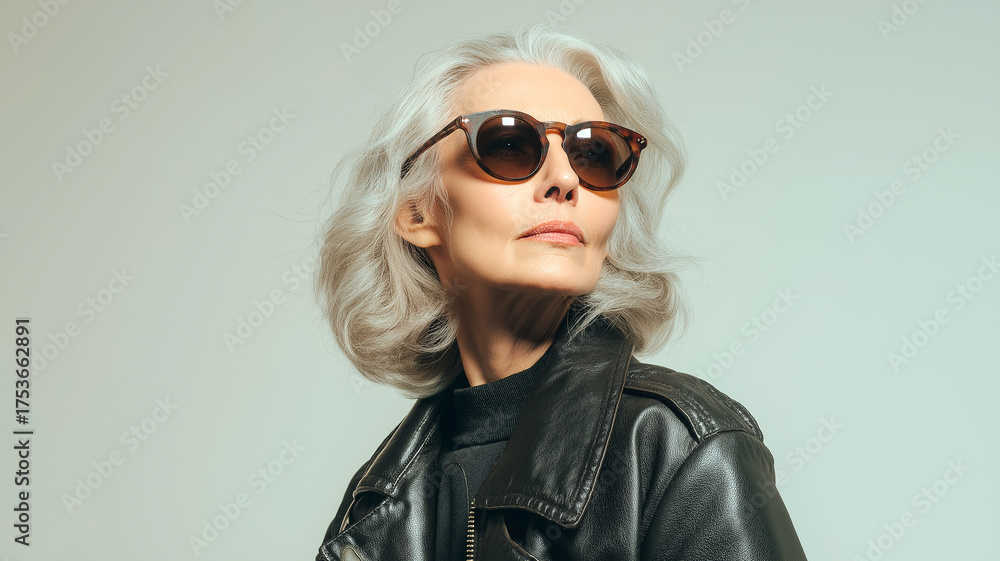 Fototapeta premium Side Profile of a Stylish Senior Woman in Black Leather Jacket and Sunglasses. Rock & Roll Style
