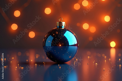 Blue shiny christmas ball. Festive ornament with golden lights. Holiday decoration close up.