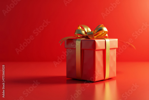 Red gift box with golden ribbon. Holiday present close up. Christmas surprise package.