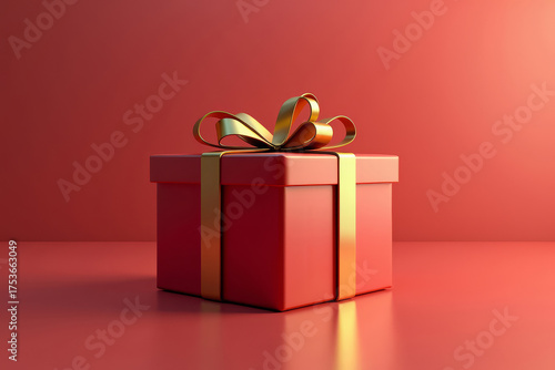 Luxurious red gift box. Golden bow and elegant design. Festive holiday decoration.
