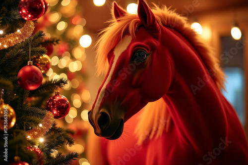 Elegant red horse near christmas tree. Holiday decor symbolizing 2026. Festive background.
