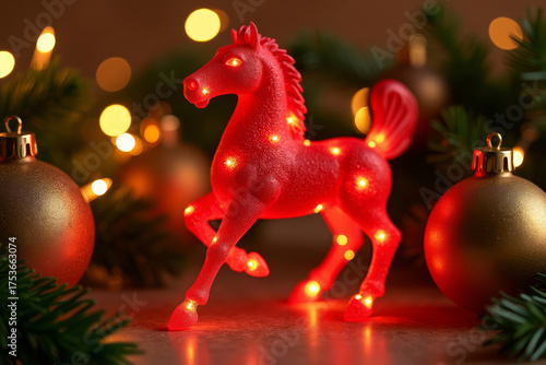 Red glowing horse figurine surrounded by christmas ornaments and lights. Cozy festive decoration.