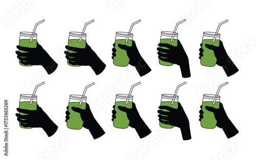 Vector art of hands holding green smoothie jars in a pattern