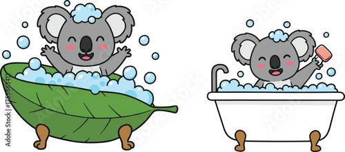 Cute cartoon koala taking bath with soap and bubbles, adorable animal washing in bathtub, funny hygiene illustration design