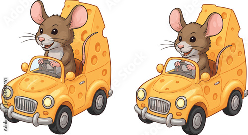 Cute mouse driving cheese car, funny cartoon animal illustration, adorable rodent vehicle concept, creative cheese car art design