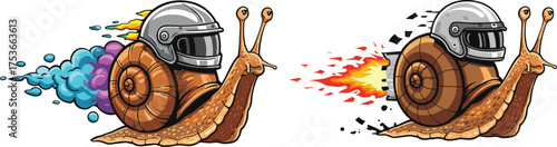 Funny racing snail wearing helmet, turbo speed animal cartoon, fast snail illustration, humorous creature design, creative comic artwork
