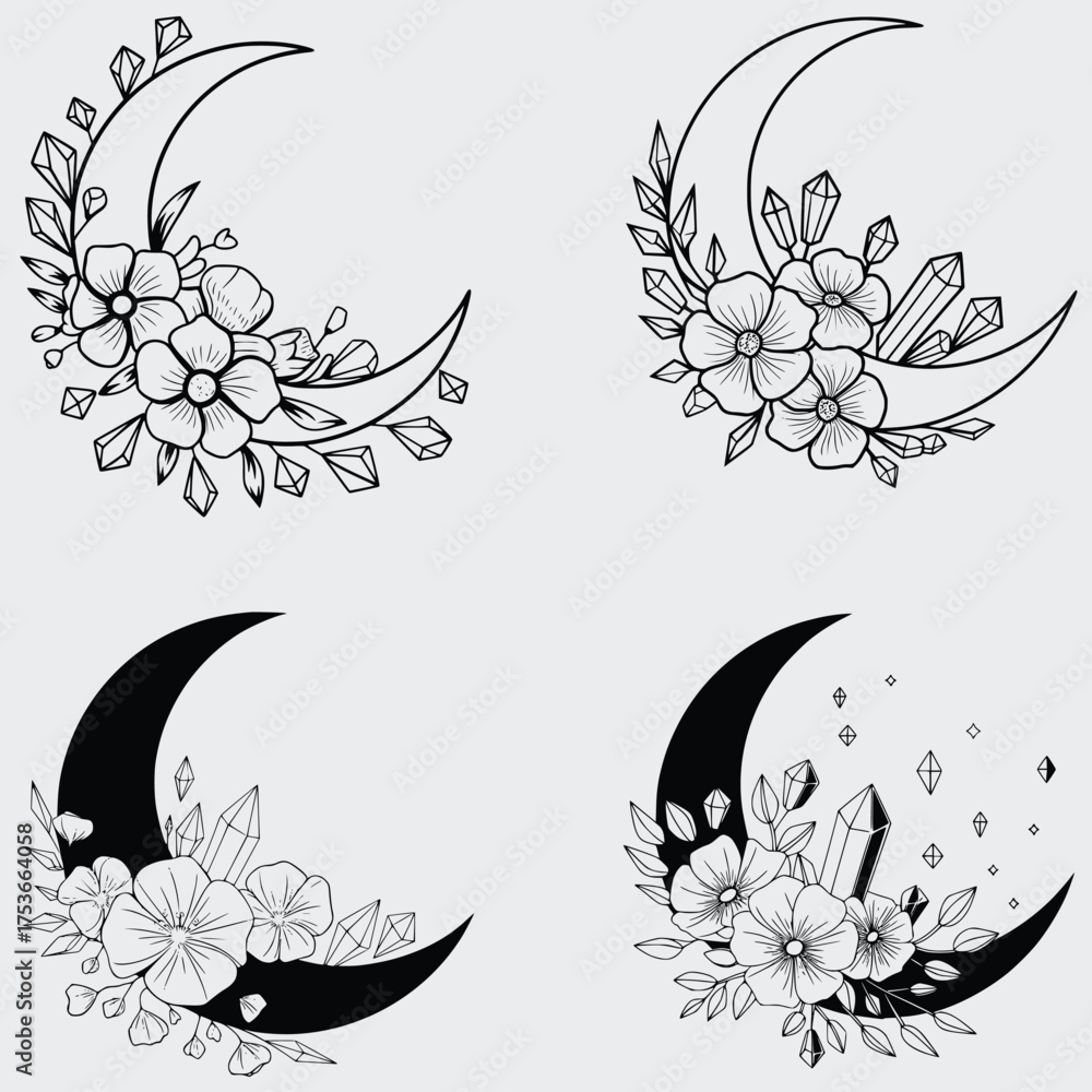 Fototapeta premium Magic Crystals Moon SVG Bundle, Floral Crystal Moon SVG Bundle, Moon SVG, Floral Moon SVG, Vector, Silhouette, Hand Drawing SVG, Cutting File For Cricut