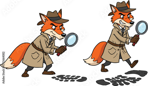 Cartoon detective fox wearing trench coat and hat following footprints with magnifying glass, funny mystery investigation animal illustration