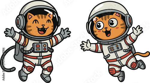 Cute cartoon cats wearing astronaut suits floating in space, adorable cosmic animal illustration for kids and space design