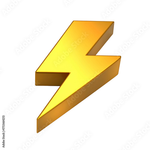 Gold, three-dimensional lightning bolt against a black background, slightly angled