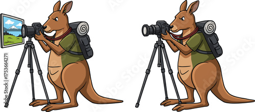 Funny kangaroo photographer taking landscape pictures with camera on tripod, wildlife travel cartoon illustration for creative design projects