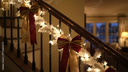 Wooden stairs decorated with Christmas ribbons and lights in warm festive home - holiday interior decor