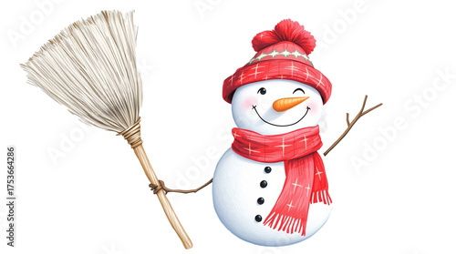 Cute smiling snowman with red scarf and hat with a broom in his hand isolated on transparent background PNG cut out