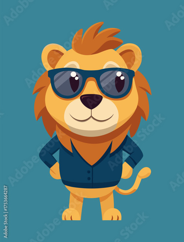 Cool cartoon lion character wearing sunglasses and blue jacket standing confidently on teal background illustration