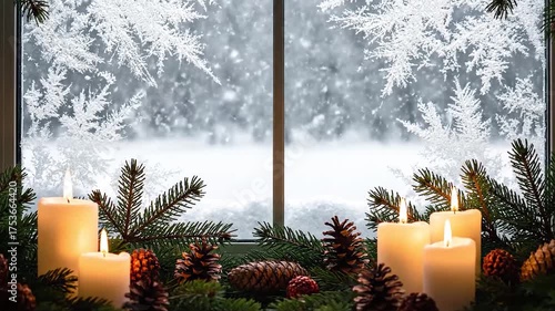 Winter window with candles and fir branches with snow outside - cozy Christmas interior view