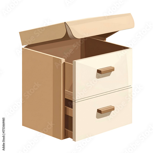 Cartoonish image shows a cardboard box structure with two white drawers