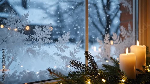Frosty window with snowflakes and candles in cozy room with fir branches - peaceful Christmas decor