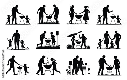 Vector art of silhouette of family having a barbecue party