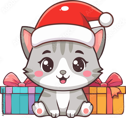 christmas cat with gift vector illustration
