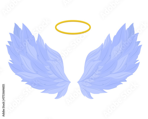 Elegant angelic wings with a golden halo on a white background, evoking themes of purity and peace.