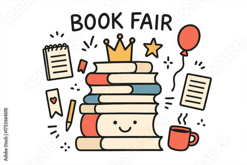 Whimsical Book Fair Illustration. Book fair illustration doodle style: hand drawn stack of books with smile, crown, star, balloon,