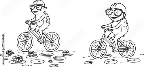 Cute cartoon frog riding bicycle coloring page, funny amphibian character outline, creative kids drawing, printable summer illustration