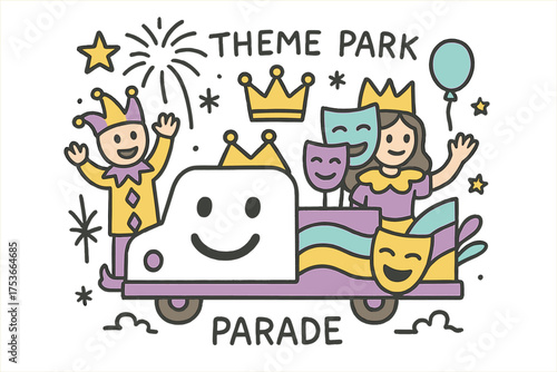 Whimsical Parade Celebration. Theme park parade illustration doodle style: hand drawn float with smile, masks, crown, star,