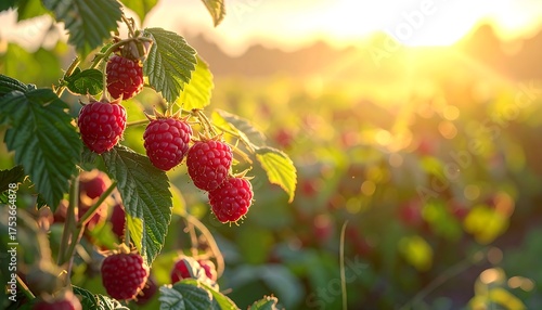 Sunlight bathes ripe raspberries on a leafy branch