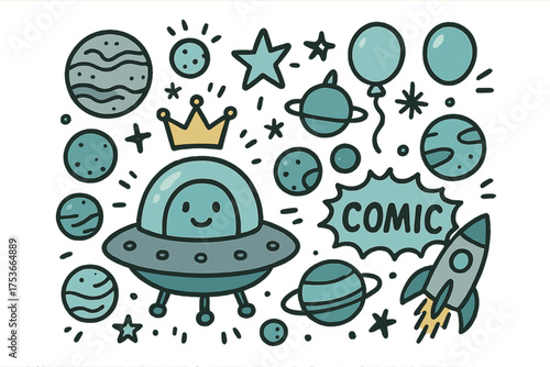 Whimsical UFO Adventure. Science fiction con illustration doodle style: hand drawn UFO with smile, crown, star, balloon, planets,