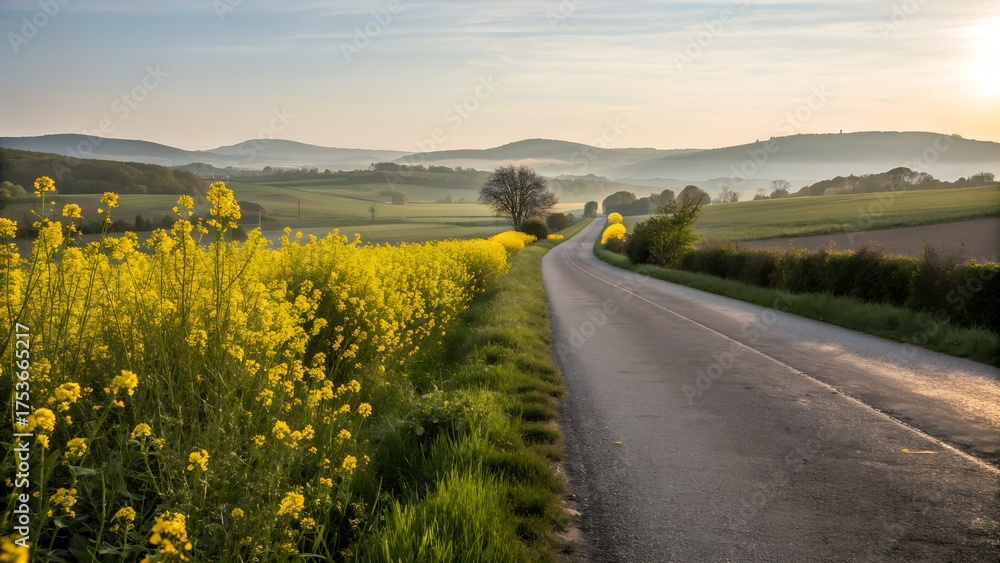 Naklejka premium Golden hour sunrise over a country road lined with blooming yellow flowers
