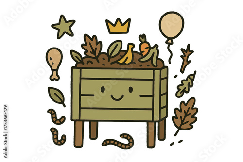 Compost Bin Fun. Composting fair illustration doodle style: hand drawn compost bin with smile, crown, star, balloon, food scraps,