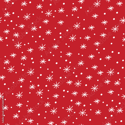Snowflakes vector seamless hand drawn pattern design on red
