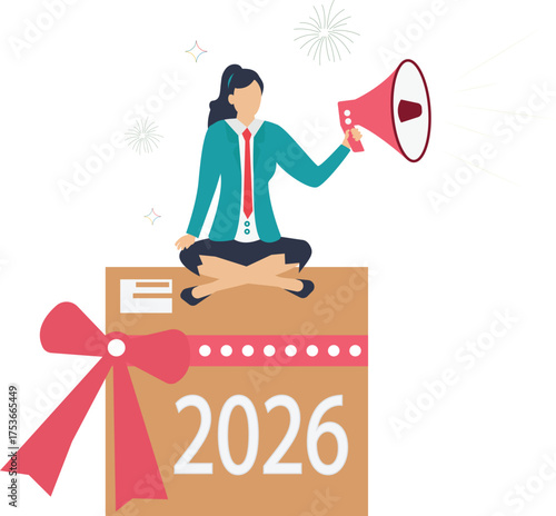 Vibrant 2026 marketing campaign launch with confident woman using megaphone, sitting atop gift box, spreading positive news and festive cheer vector style flat illustration
 