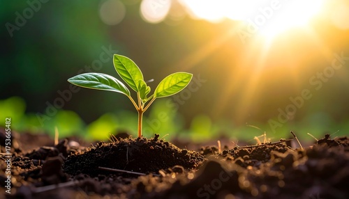 A small plant sprouts from soil, bathed in warm sunlight. The blurred background adds depth, highlighting the delicate leaves and the promise of growth