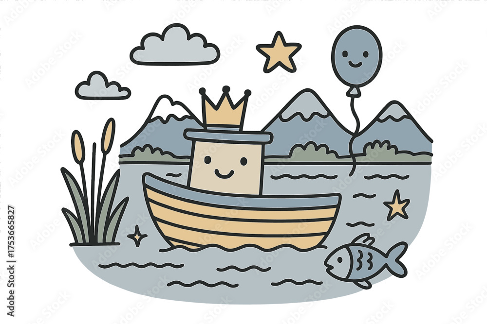 Fototapeta premium Charming Lake Doodle. Lake landscape illustration doodle style: hand drawn boat with smile, crown, star, balloon, fish, mountains,