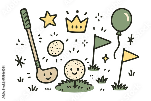 Mini Golf Doodle. Mini golf illustration doodle style: hand drawn golf club with smile, ball, crown, star, balloon, flags, and