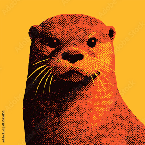 A cute otter portrait in warm orange and yellow tones with halftone shading. The vintage texture and playful expression give it a charming, collectible appeal.