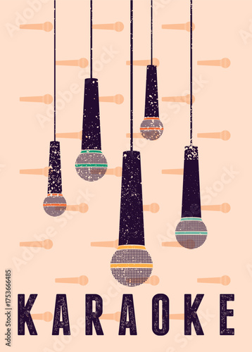 Karaoke typographic vintage grunge style poster design with hanging microphones. Retro vector illustration.