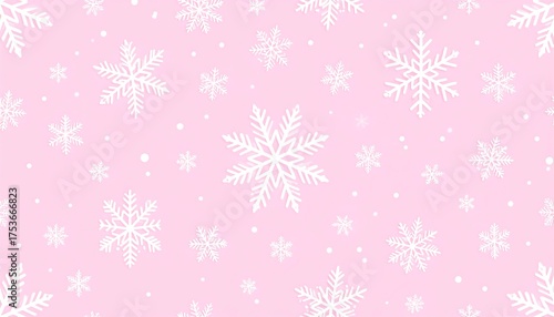A soft pink background features delicate, white snowflakes of various sizes and shapes, creating a festive, wintery pattern. Small dots add to the visual