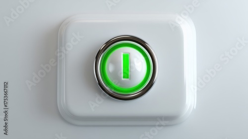 Brightly lit green power button on a clean white surface showing readiness for use