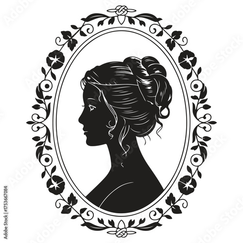 Elegant woman profile silhouette in ornate oval frame