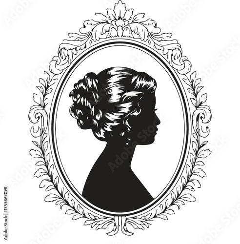 Ornate oval frame featuring a woman s silhouette