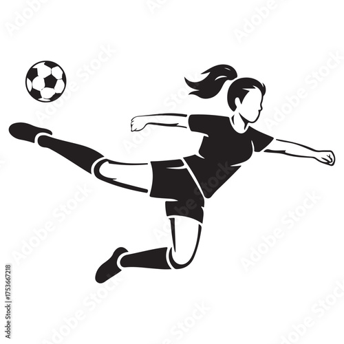 Female soccer player kicking ball silhouette