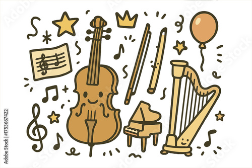 Whimsical Orchestra Doodle. Orchestra performance illustration doodle style: hand drawn violin with smile, crown, star, balloon,