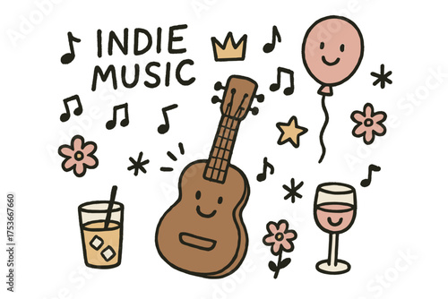 Indie Music Doodle. Indie music night illustration doodle style: hand drawn ukulele with smile, crown, star, balloon, notes,