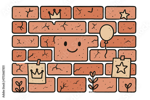 Whimsical Brick Wall. Brick wall texture illustration doodle style: hand drawn bricks with smile, crown, star, balloon, cracks,