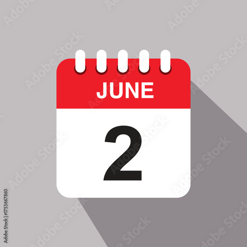 2 june calendar date icon. vector illustration with shadow design