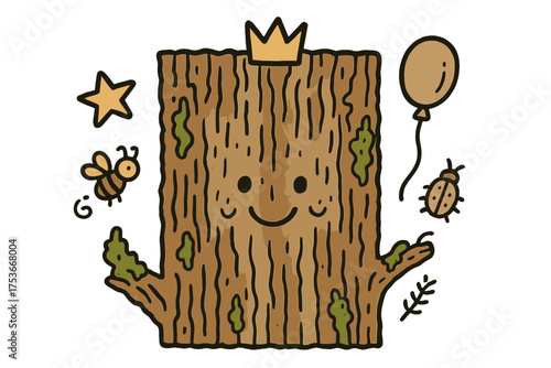 Doodle Tree Bark Art. Bark texture illustration doodle style: hand drawn tree bark with smile, crown, star, balloon, doodle