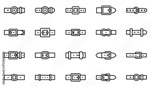 Minimal linear belt buckle symbols collection for fashion design, apparel branding, and product illustration projects
